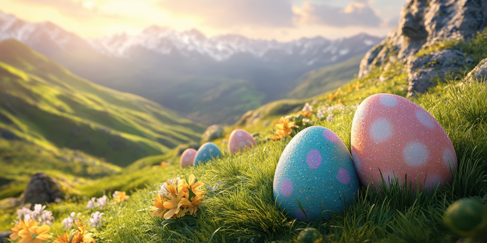 Colorful Easter eggs nestled in a vibrant meadow under a scenic mountain backdrop during sunset